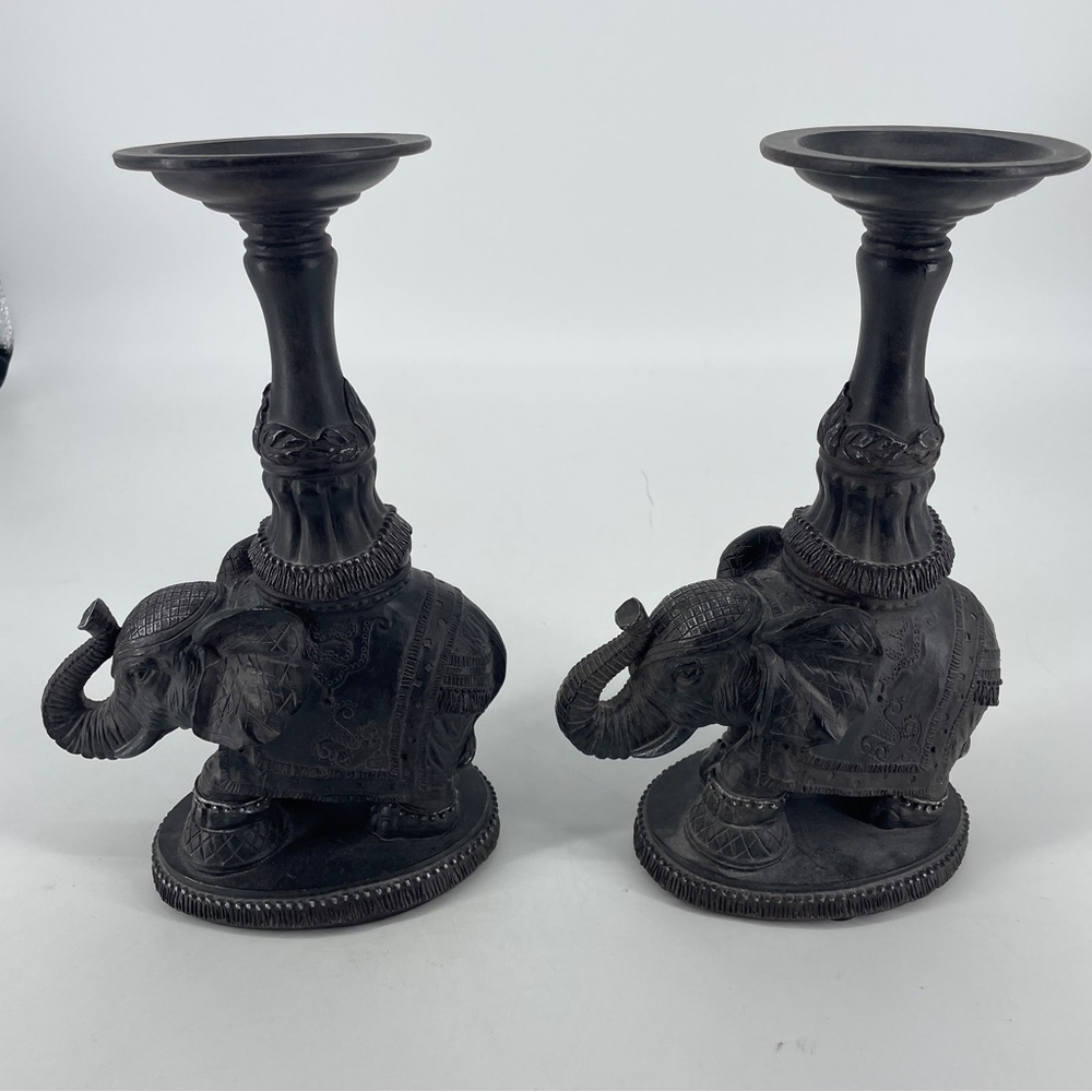 Ornate Decorative Pair Resin Elephant Pillar Candle Holder